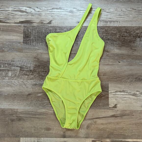 Solid & Striped Lime Green One Shoulder Swimsuit Asymmetrical Cutout NWOT S - Picture 3 of 7